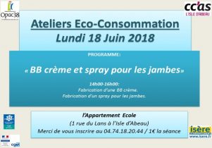 Atelier éco-consommation "BB crème et spray pour les jambes" lundi 18 juin 2018 à l'appartement École