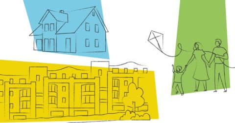 Illustration d'un immeuble, d'une maison et d'une famille