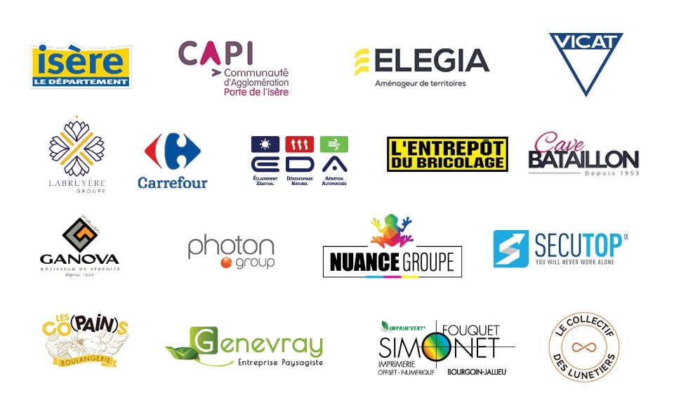 Logos partenaires du festival : Département de l'Isère, la CAPI, Elegia, Vicat, Carrefour, Groupe Labruyère, EDA, L'entrepôt du bricolage, Cave bataillon, Ganova, Photon Group, Nuance Groupe, Secutop, Boulangerie Copains, Genevray, Imprimerie Fouquet Simonet, Collectif des lunetiers